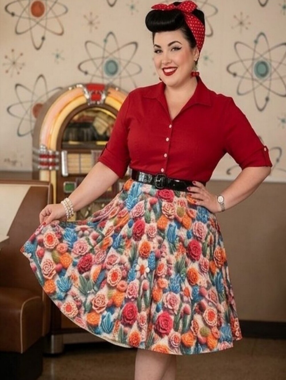 NIB 1X Floral Cactus Swing Skirt Embroidered-Look Sz TC 16 - 24 Flared w Pockets
